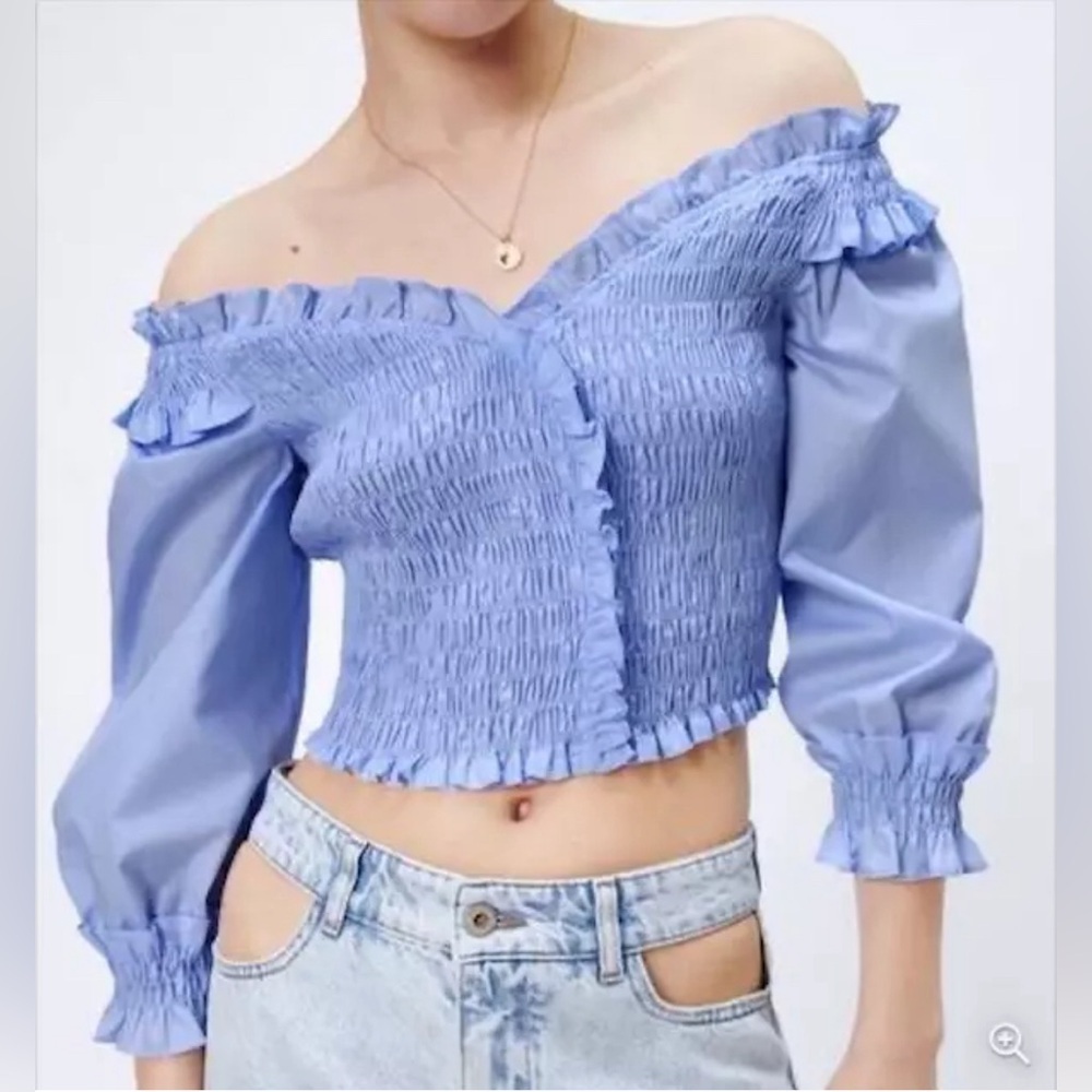 ZARA Top Off The Shoulder Smocked Blue Crop Sz Medium Ruffle Edge
